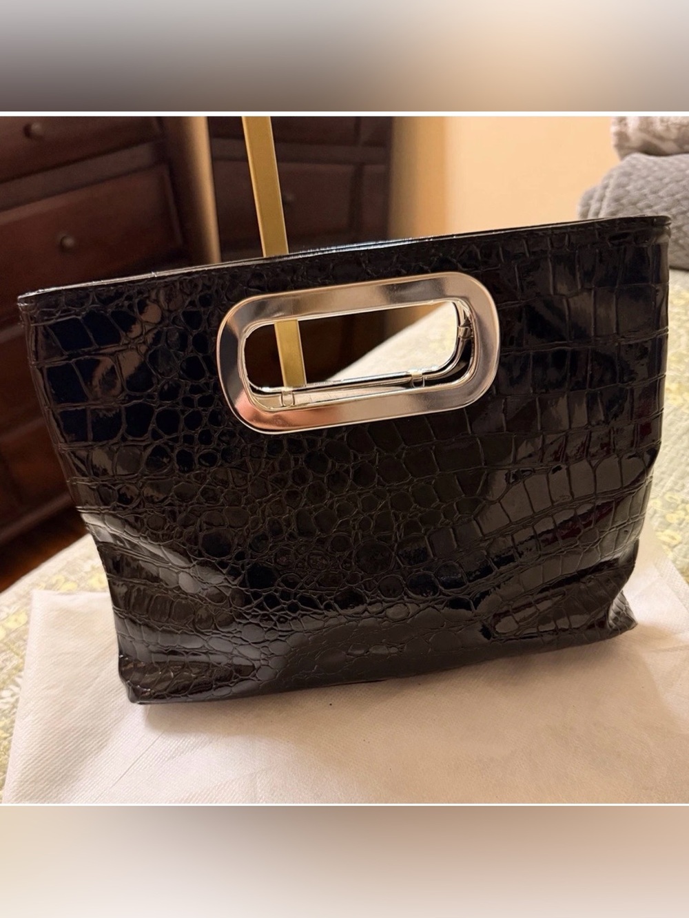 Black Croc-Embossed Patent Leather Handheld Clutch